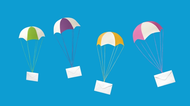 Parachutes with envelopes attached representing marketing