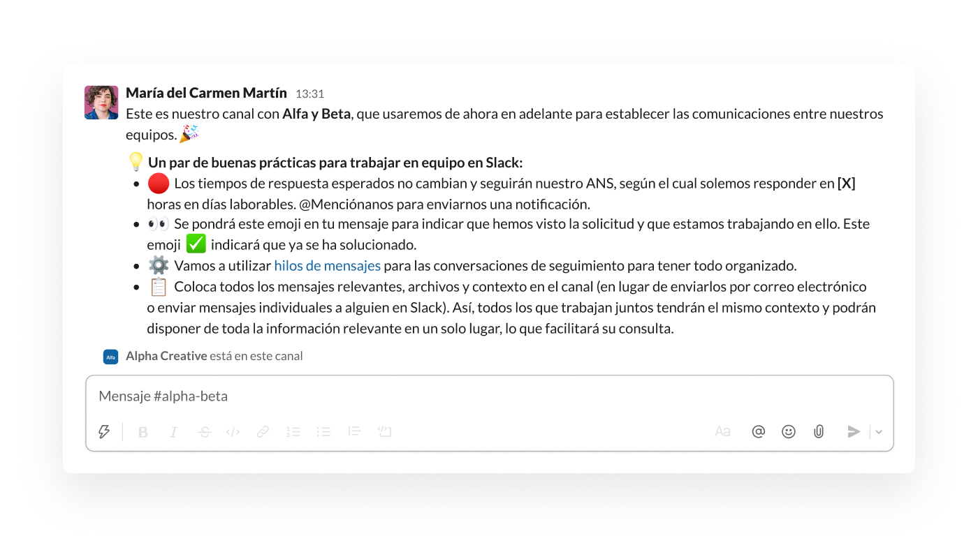 Presentación de Slack Connect en una publicación de un canal