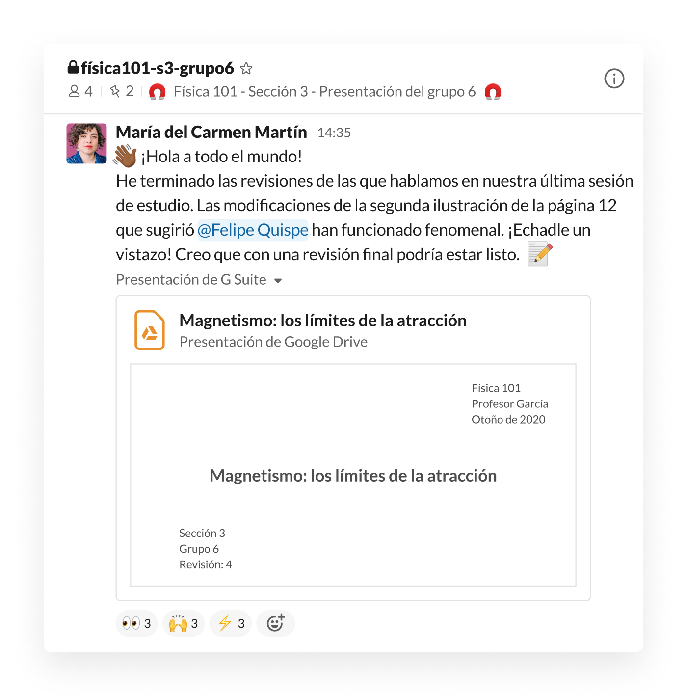 Presentación de estudiantes publicada en un canal de Slack