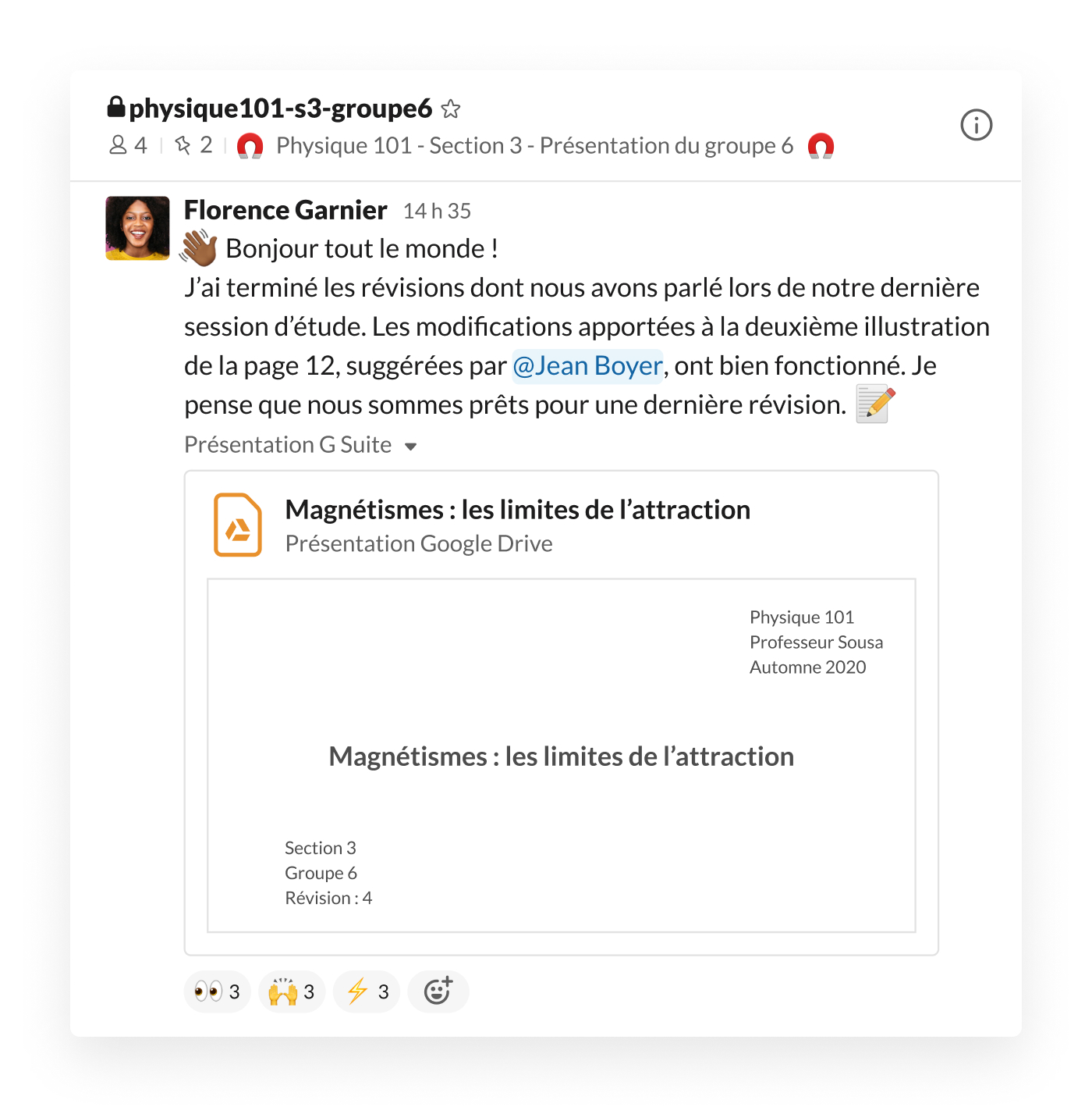 Présentation d’une étudiante publiée dans un canal Slack