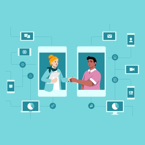 An illustration of two people reaching out and connecting from their individual screens and devices.