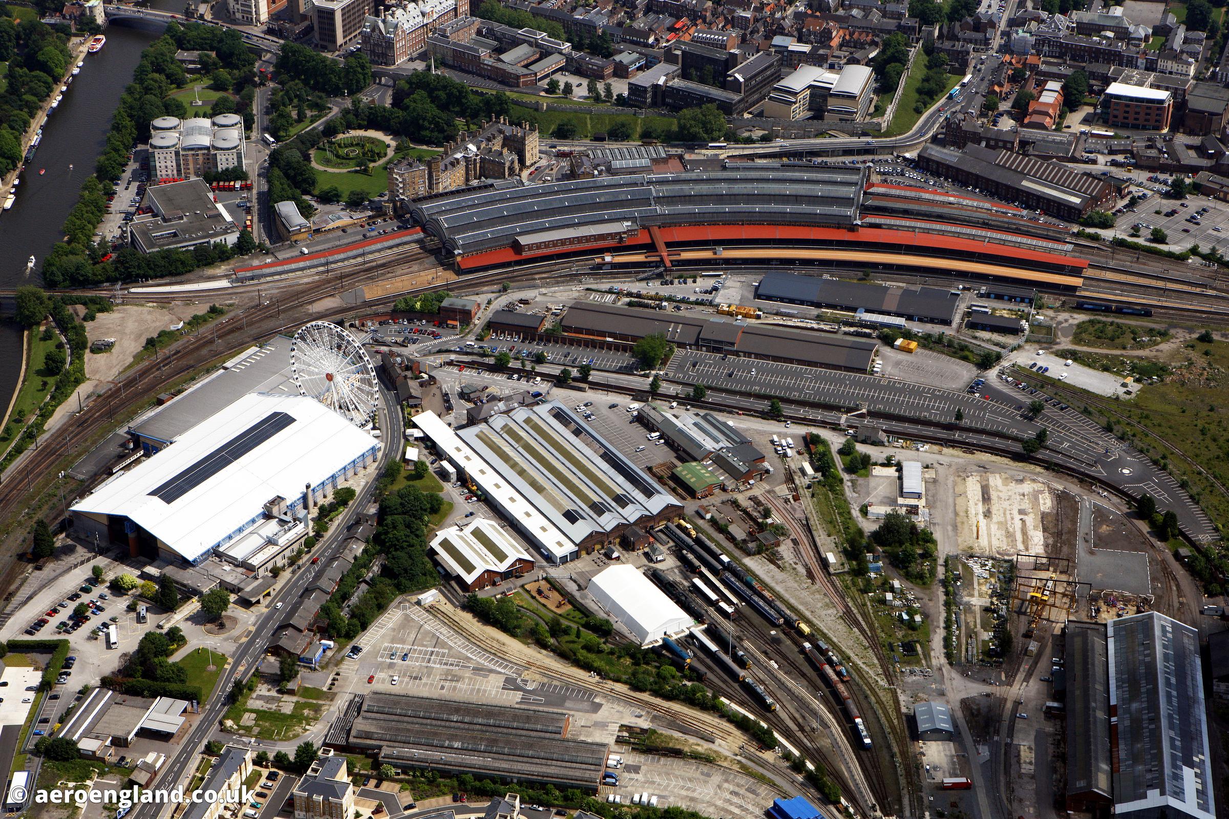 aerial photograph of the National Railway Museum   and York Railway Station  , York England UK