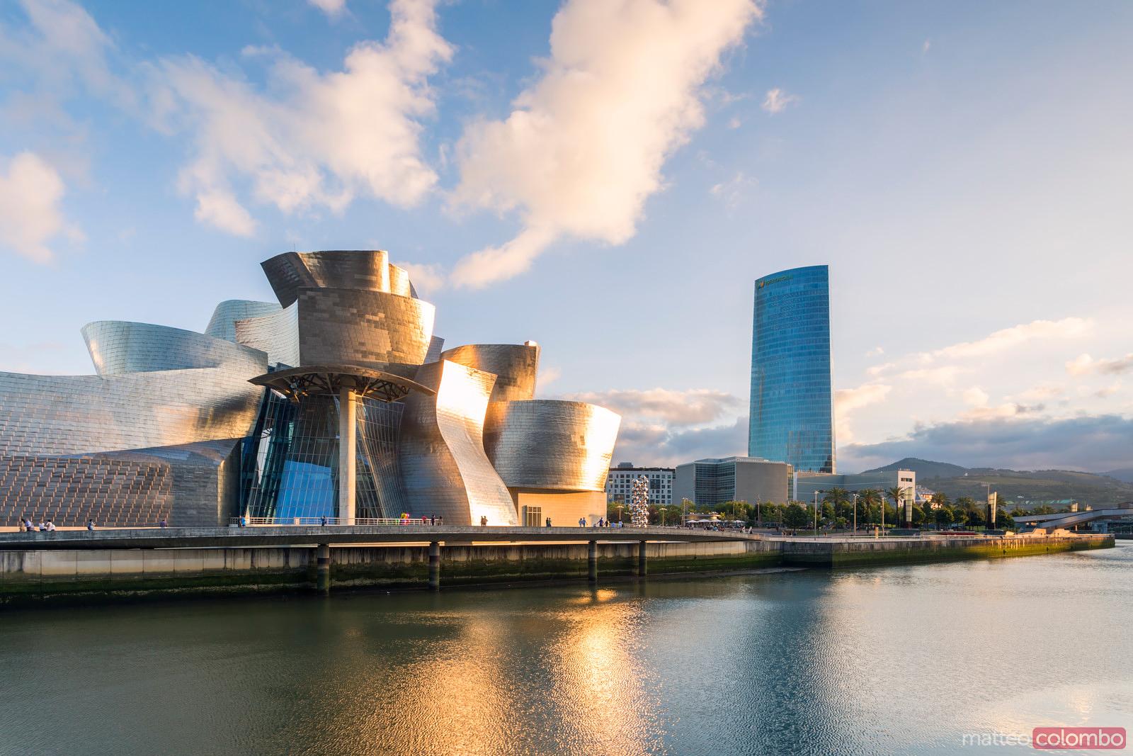 Guggenheim museum and river at sunset, Bilbao, Spain