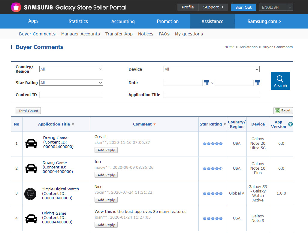 This example shows the Galaxy Store ratings and reviews for all of your apps in Seller Portal.