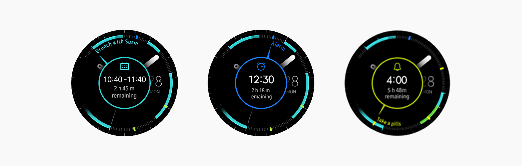 The My Day watch face allows users to check upcoming Calendar, Reminder, and Alarm events using the bezel.