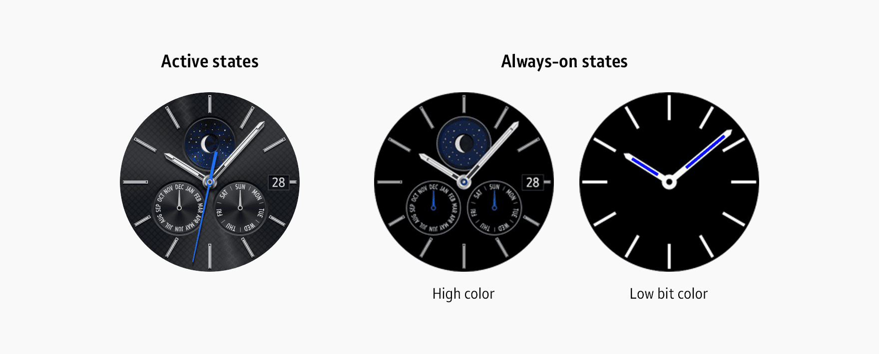 The appearance of watch face designs may vary depending on the color mode and state.