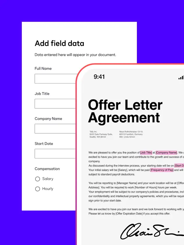 Form with required fields behind a phone with an Offer Letter Agreement on the screen