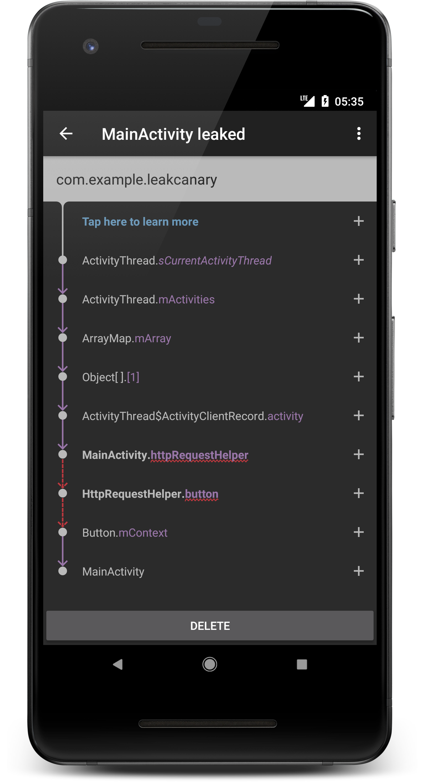 This leak was caused by either MainActivity.httpRequestHelper or HttpRequestHelper.button