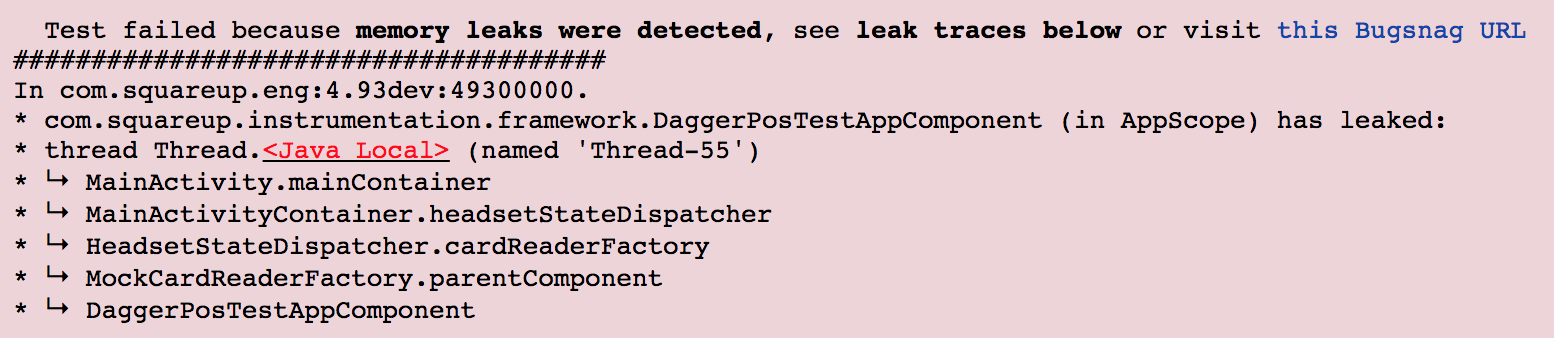 UI Test failure in Square POS, the leak cause is in red.