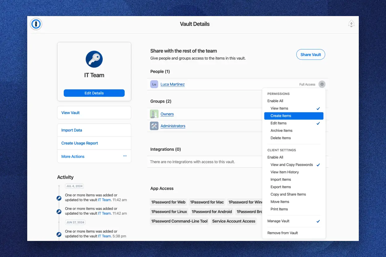 The 1Password Extended Access Management interface showing IT team management with options like "Edit Details," "View Vault," and permissions dropdown.