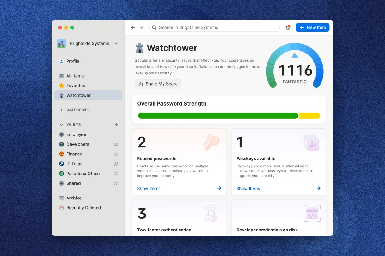 1Password Watchtower interface of a company, showing a high security score, password strength, and details on reused passwords and available passkeys.