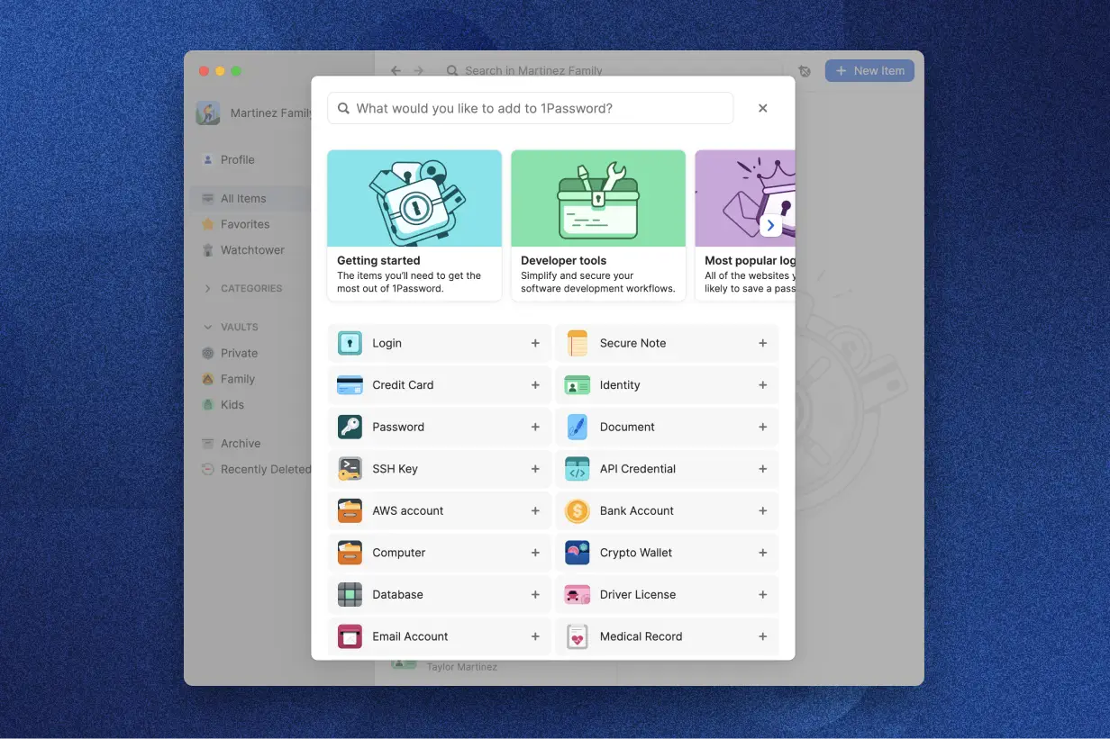 Pop-up window in the 1Password app offering categories for getting started, developer tools, and most popular logins with icons and options like login, credit card, passport, and API credential.