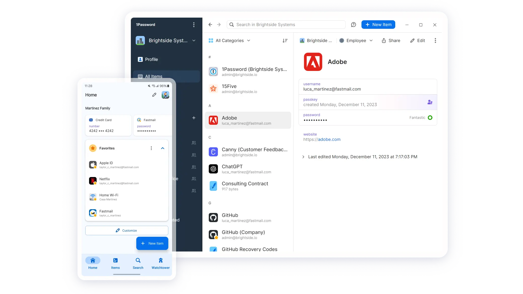 L'application 1Password présentée à la fois sur un téléphone portable et sur un ordinateur de bureau. Le portable affiche les éléments enregistrés comme les mots de passe, les cartes de crédit et les infos Wi-Fi. Les favoris comme Netflix sont répertoriés ensuite. L'ordinateur affiche la liste des identifiants de connexion, dont ceux d'Adobe. Les détails du compte Adobe sont sélectionnés et affichés, avec le nom d’utilisateur et un indicateur de niveau de mot de passe intitulé « Fantastique ».
