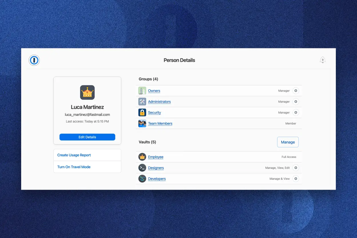 "1Password user profile interface showing ""Person Details"" with groups and vaults, including roles and permissions."
