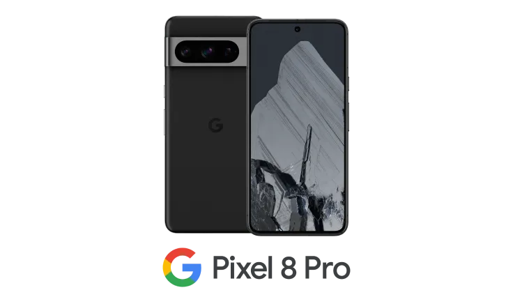 The front and back view of Google Pixel 8 Pro in Obsidian with the Google logo underneath reading “Pixel 8 Pro”.