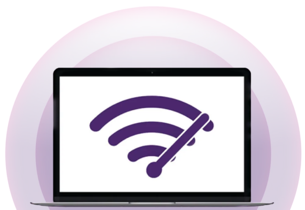 A laptop with the Wi-Fi speed logo on its screen.