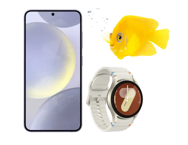 A yellow fish facing Samsung Galaxy S24 and Watch7.