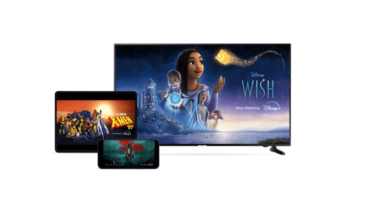 A smart TV, tablet and smartphone streaming popular Disney+ series and movies; Disney Wish, Marvel X-Men ‘97, and FX Shogun.