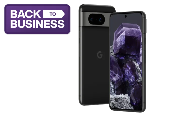 Front and back views of the Google Pixel 8.  A roundel reads "Back to Business".