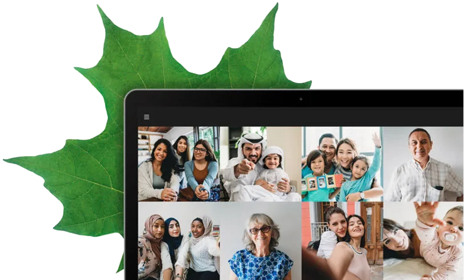 A laptop screen depicting a collage of people of various ages and ethnic backgrounds smiling and looking into the camera on a video call.