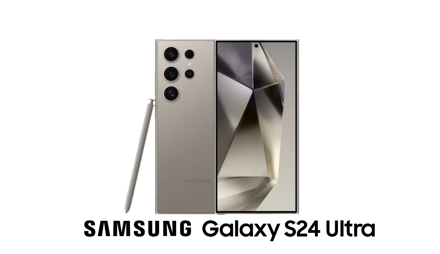 Front and back view of the Samsung S24 Ultra in Titanium Grey, with the logo underneath it reading "Samsung Galaxy S24 Ultra."
