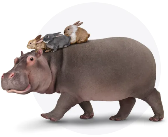 A hippo with three rabbits riding on its back, representing big savings on phone plans with TELUS Family Discount.