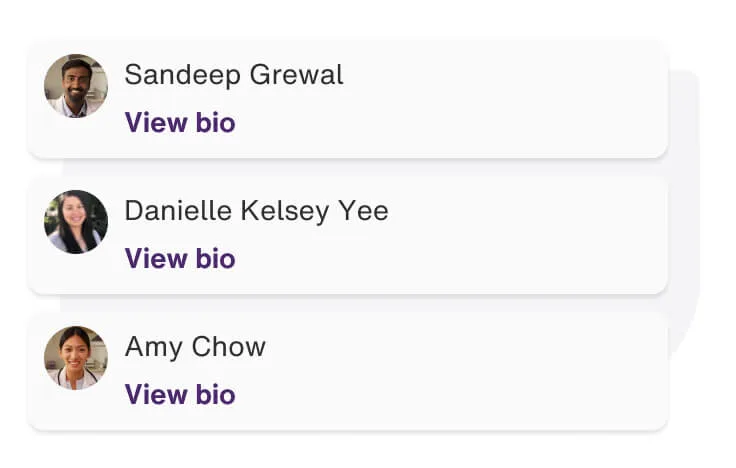 App screenshot showing 3 practitioners’ bios