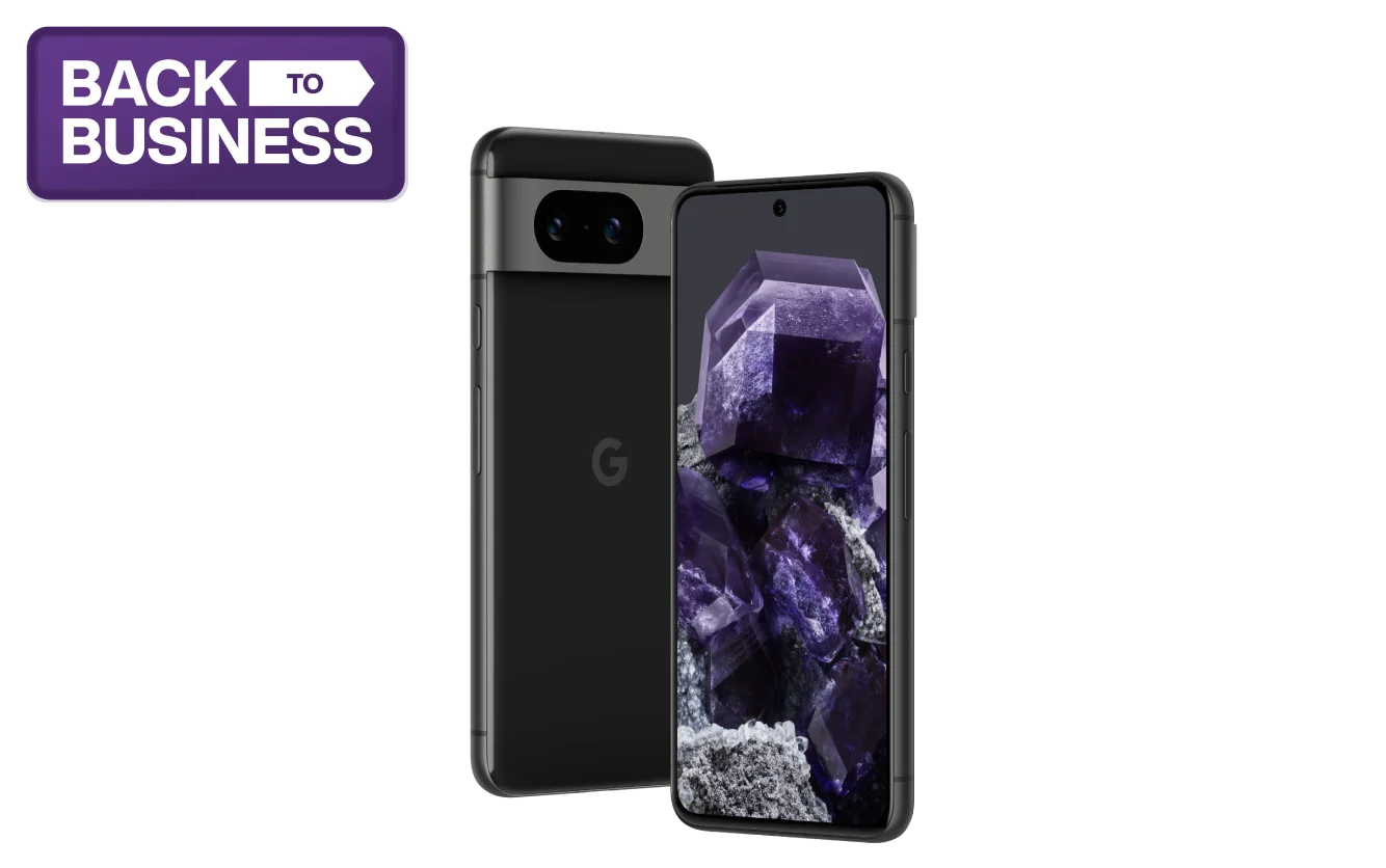 Front and back views of the Google Pixel 8.  A roundel reads "Back to Business".