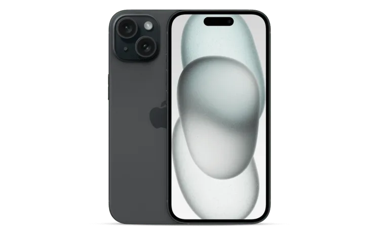 Front and back view of the iPhone 15 in black.