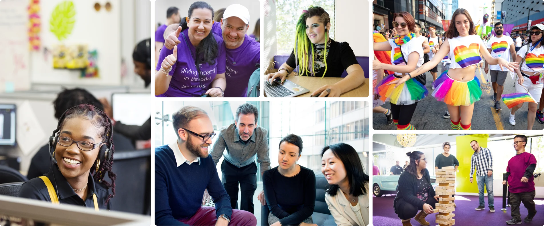 Un collage photos de diverses membres de l’équipe TELUS au travail, qui font du bénévolat, et qui jouent