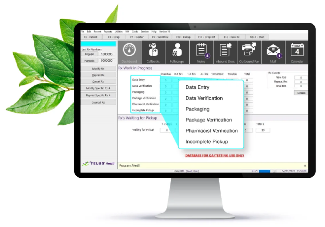 a computer monitor showing the Kroll pharmacy management software interface.