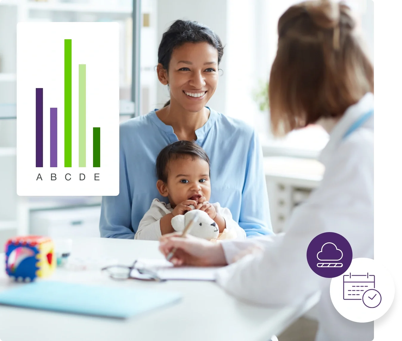 a mother holding a baby at the doctor's office consulting with a physician.