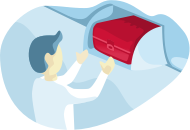 illustration of a person organising a red carry-on bag in the overhead bin onboard