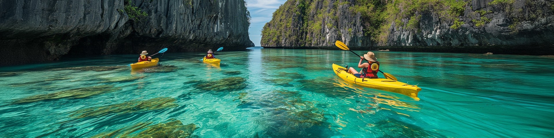 People kayaking on yellow kayaks over crystalline water between two cliffs