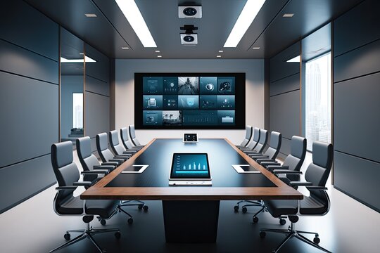 Futuristic Conference Room: A modern conference room equipped with the latest technology for business presentations and video conferencing. Generative AI