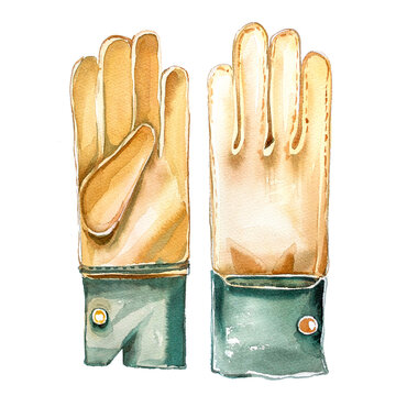 Gardening gloves clipart isolated on a white background.Watercolor leather gloves for gardener painting.