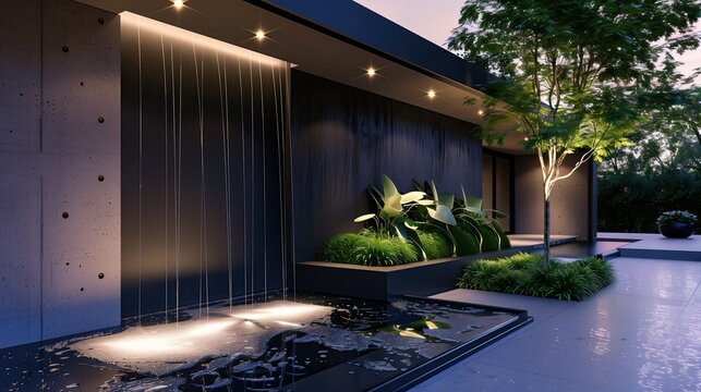 A sleek modern home entrance with a water feature and recessed lighting