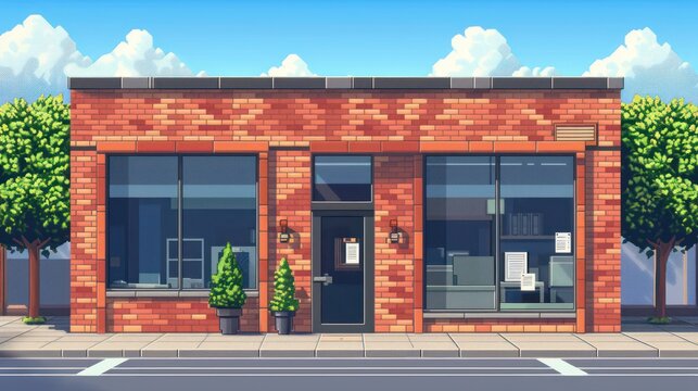 Pixel art representation of a cozy and inviting brick storefront with potted plants and blue sky