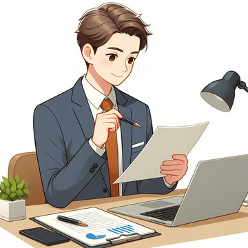 A businessman looking at a document with a happy and pleased expression, clipart graphic illustration