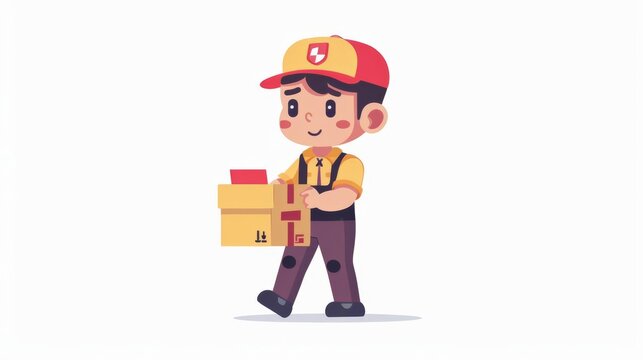 Chibi postman, occupation character, flat design illustration, delivering, isolated on white background