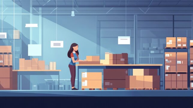 Modern Flat Design Illustration of a Female Warehouse Worker on Clean White Background