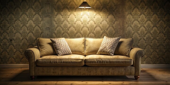 A worn, beige couch creaks softly in the dimly lit room, with cushions recessed and worn in a repetitive pattern of use.