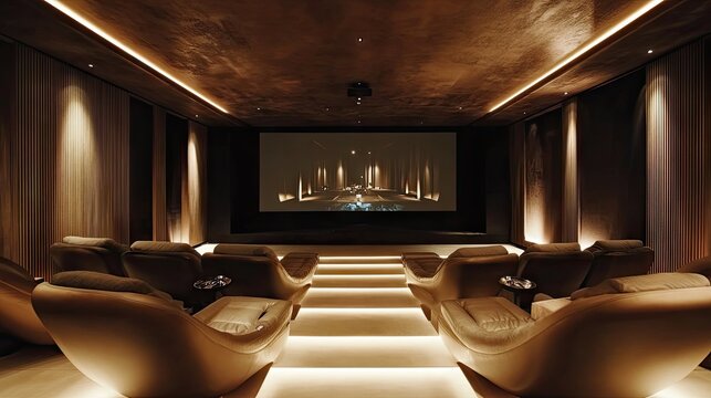 Plush seating and a massive screen take center stage in this luxurious home cinema, with recessed lighting setting the perfect mood.