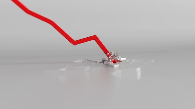 Red graph down breaking floor. Economic recession or crisis concept. 3D render animation