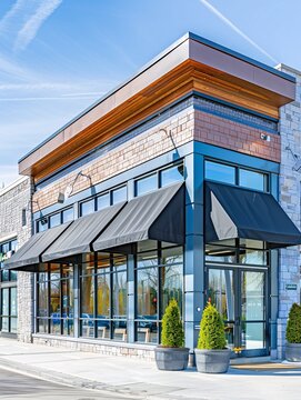 Modern retail and office space for sale or lease in versatile storefront and office building with awning.