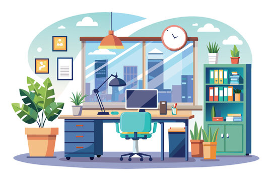 A simple and elegant office room featuring a desk and chair for work or study, elegant office interior, Modern office workspace with desk and plants 