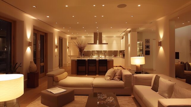 A modern living room illuminated by soft, ambient lighting from elegant floor lamps and recessed ceiling lights