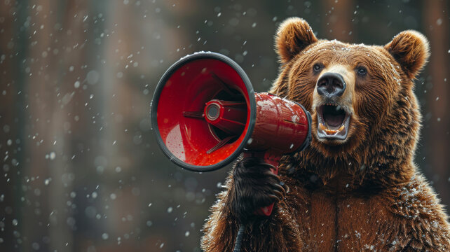 Bear roaring on a megaphone, announces the end of the bullish trend and the beginning of a bearish trend or recession in the stock and cryptocurrency market.generative ai