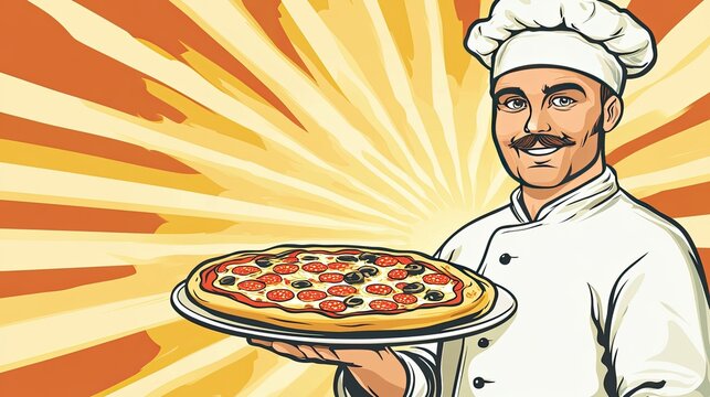 A clipart illustration of a pizza chef holding a pizza, with ample space for text or branding.