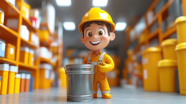 3D render of a flexible cartoon human hand holding a metal bucket of yellow paint, a professional painter with equipment for construction and renovation services, isolated on a white background.